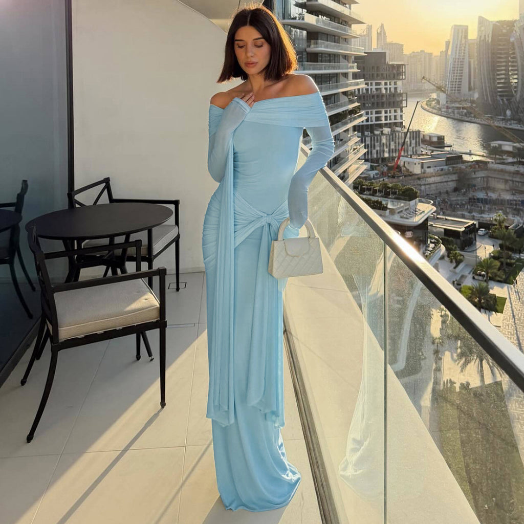 Solid Color Long Sleeve Off The Shoulder Lace Up Sheath Dress