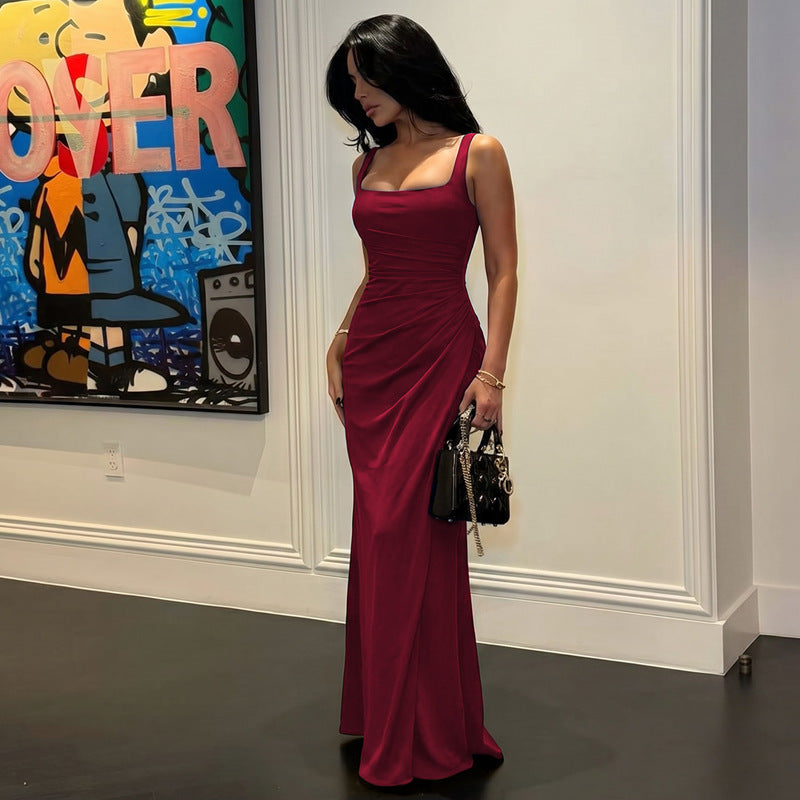 Square-Neck Pleated Slip Maxi Dress