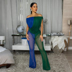 Women Clothing Shoulder Baring Mesh Pleated Color Matching Jumpsuit
