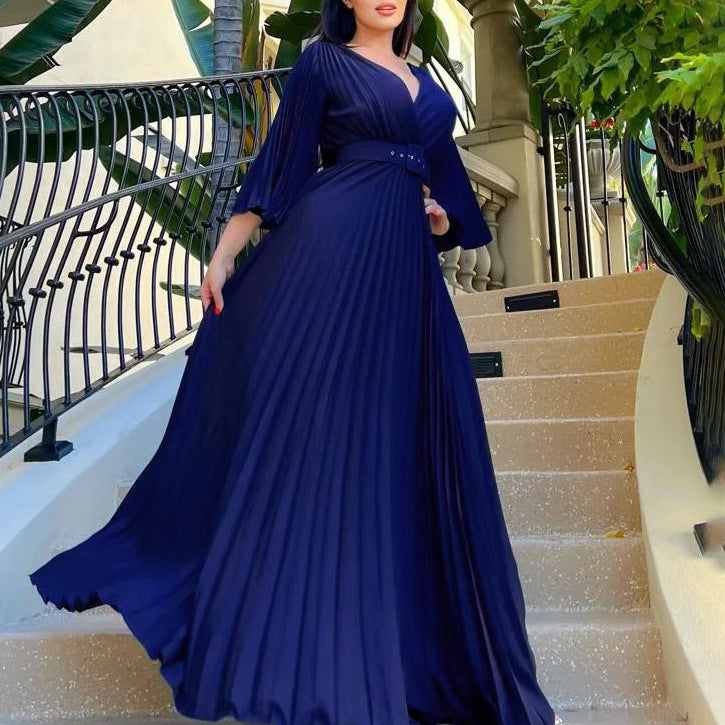 V-Neck Pleated Formal Swing Dress Maxi