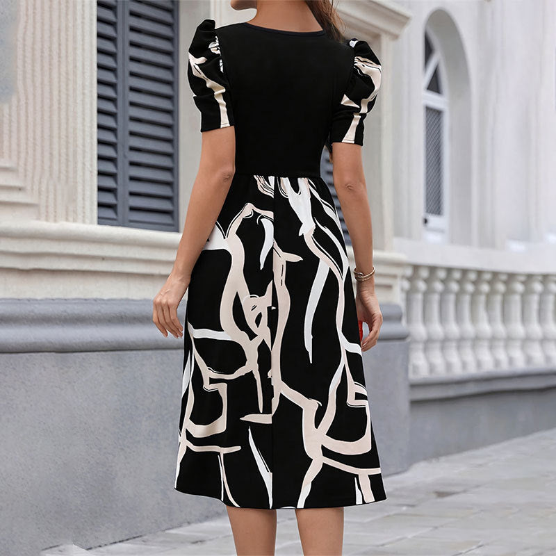 Graffiti Print Square-Neck Puff-Sleeve A-Line Midi Dress