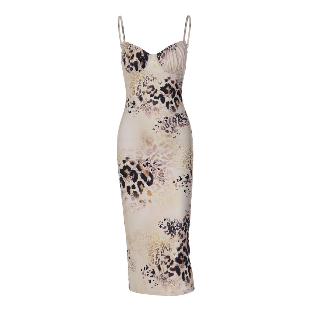 Women's Leopard Print Lace-Up Backless Midi Dress