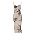 Women's Leopard Print Lace-Up Backless Midi Dress