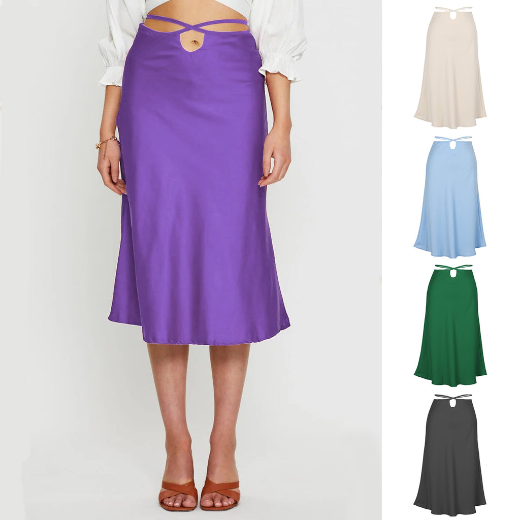 Spring Summer Solid Color Zipper Simple Lacing Skirt