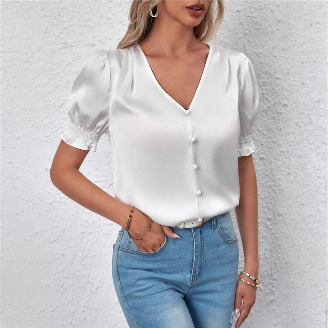Women's Satin V Neck Ruffle Blouse
