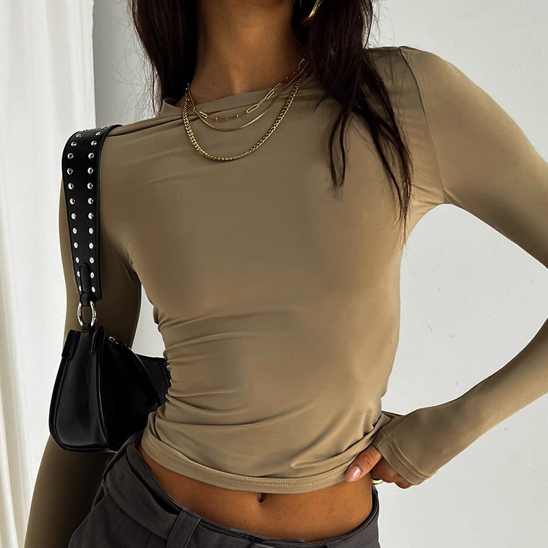 Women's Round Neck Fitted Long Sleeve Solid Color T-Shirt