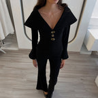Autumn Winter Retro Black V-Neck Slim Top Waist Controlled Bell Bottom Pants Elegant Set