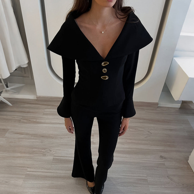 Autumn Winter Retro Black V-Neck Slim Top Waist Controlled Bell Bottom Pants Elegant Set