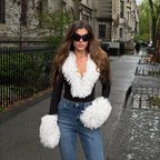 Sexy Fur Collar Stitching Long Sleeve Jumpsuit V neck Sexy Slim Bottoming Jumpsuit