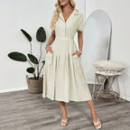 Daily Casual Solid-Color Stitching Shirt Dress Spring Summer