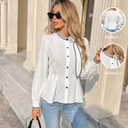 Simple Relaxed Contrast Color Binding Tie Neck White Shirt