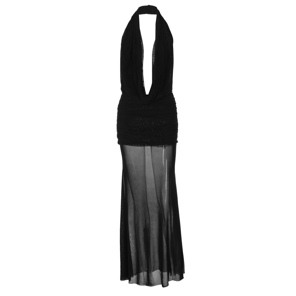 Women's Hollowed Out Backless Halter Deep V Plunge Hip Matching Dress