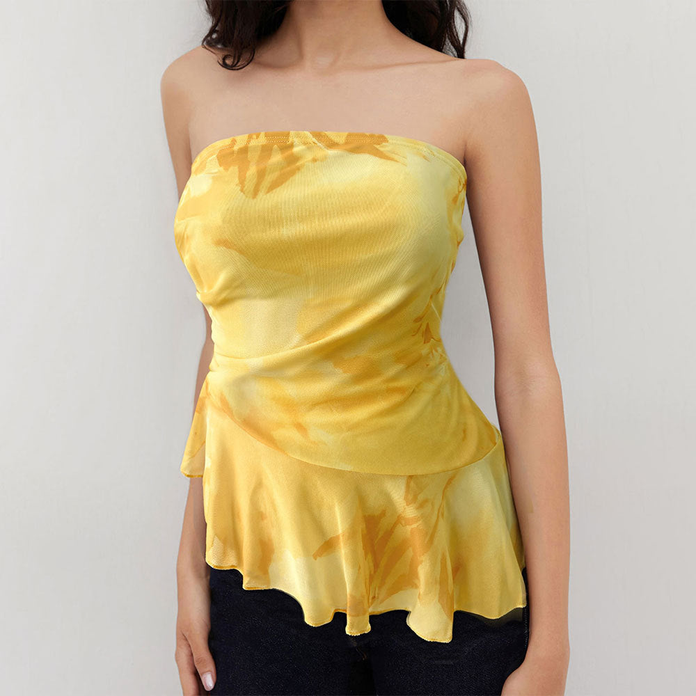 Women's Women’s Yellow Tie Dye Strapless Ruffle Top