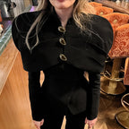 Women's Black Button Stand Collar Slim Top