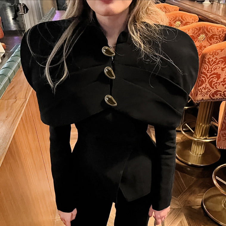 Women's Black Button Stand Collar Slim Top
