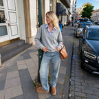 Casual Laid Back Faux Two Piece Collared Half Cardigan Long Sleeve Sweater for Women