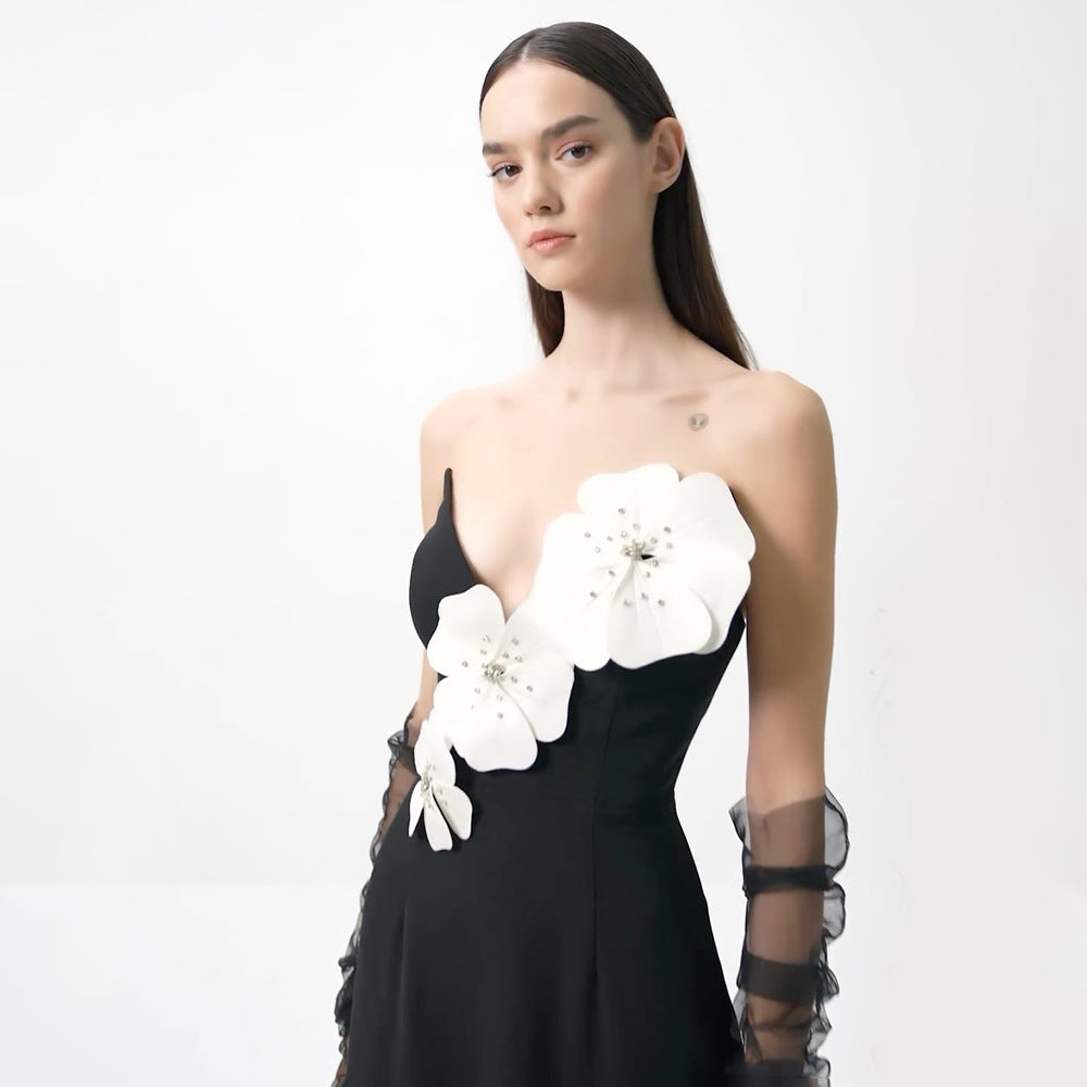 Women's Spring Summer Black Tube Top Dress Floral Diamond Core Split Off-Shoulder Design Dress Women Clothing