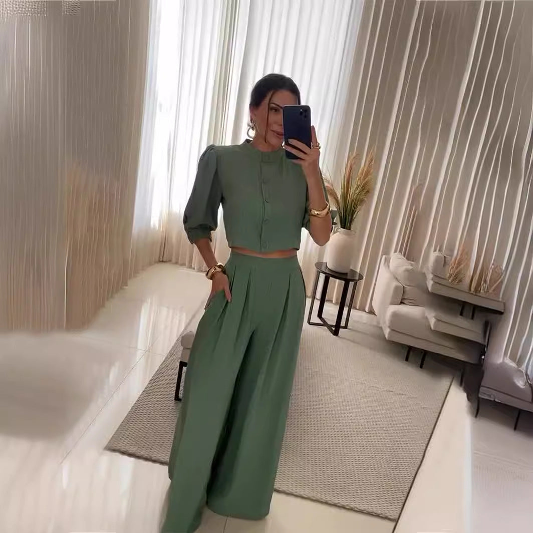 Striped Half-Sleeve Top & Trousers Set