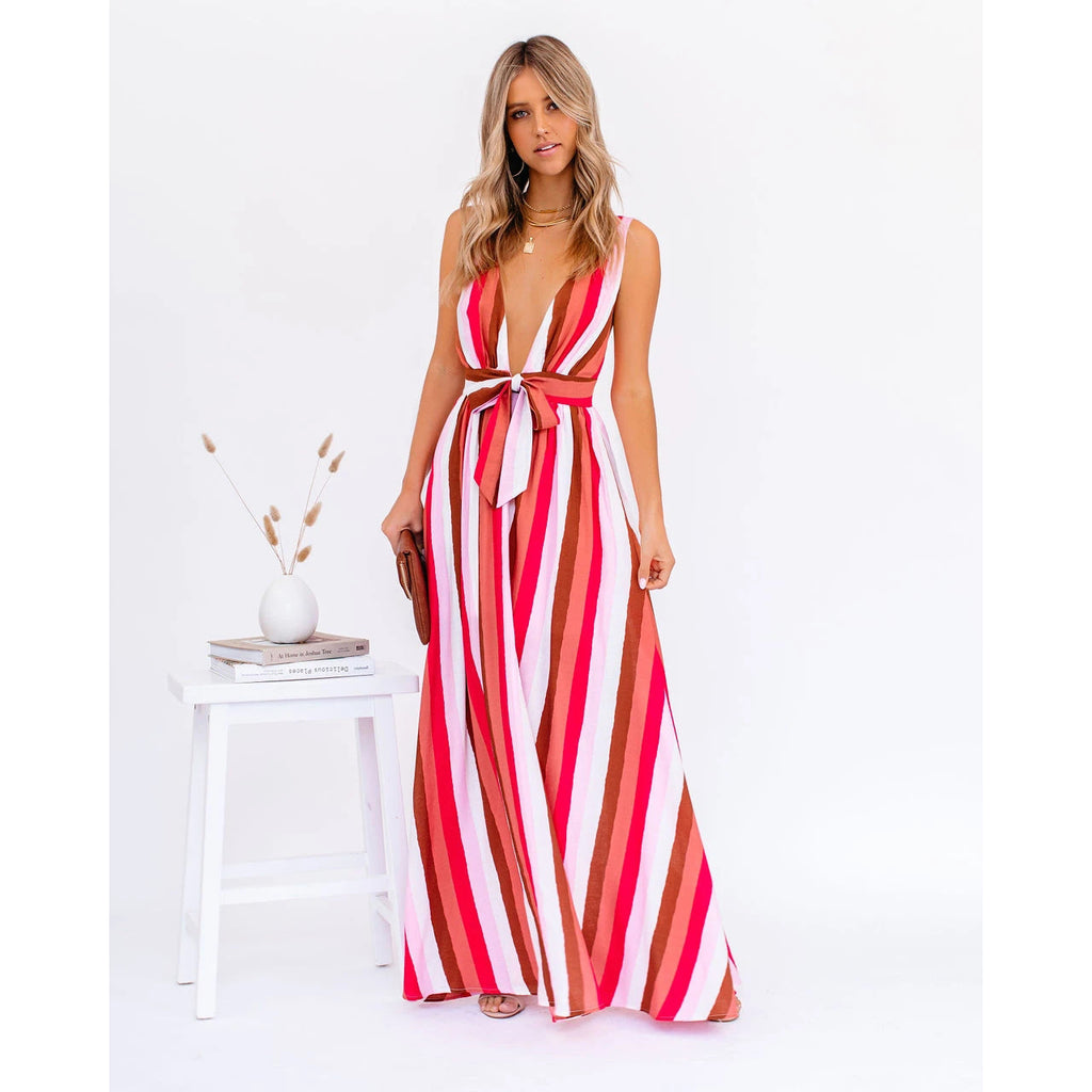 Women's Strap Deep V Plunge Striped Dress Home Loose Lace Up Large Swing Dre