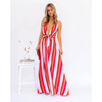 Women's Strap Deep V Plunge Striped Dress Home Loose Lace Up Large Swing Dre