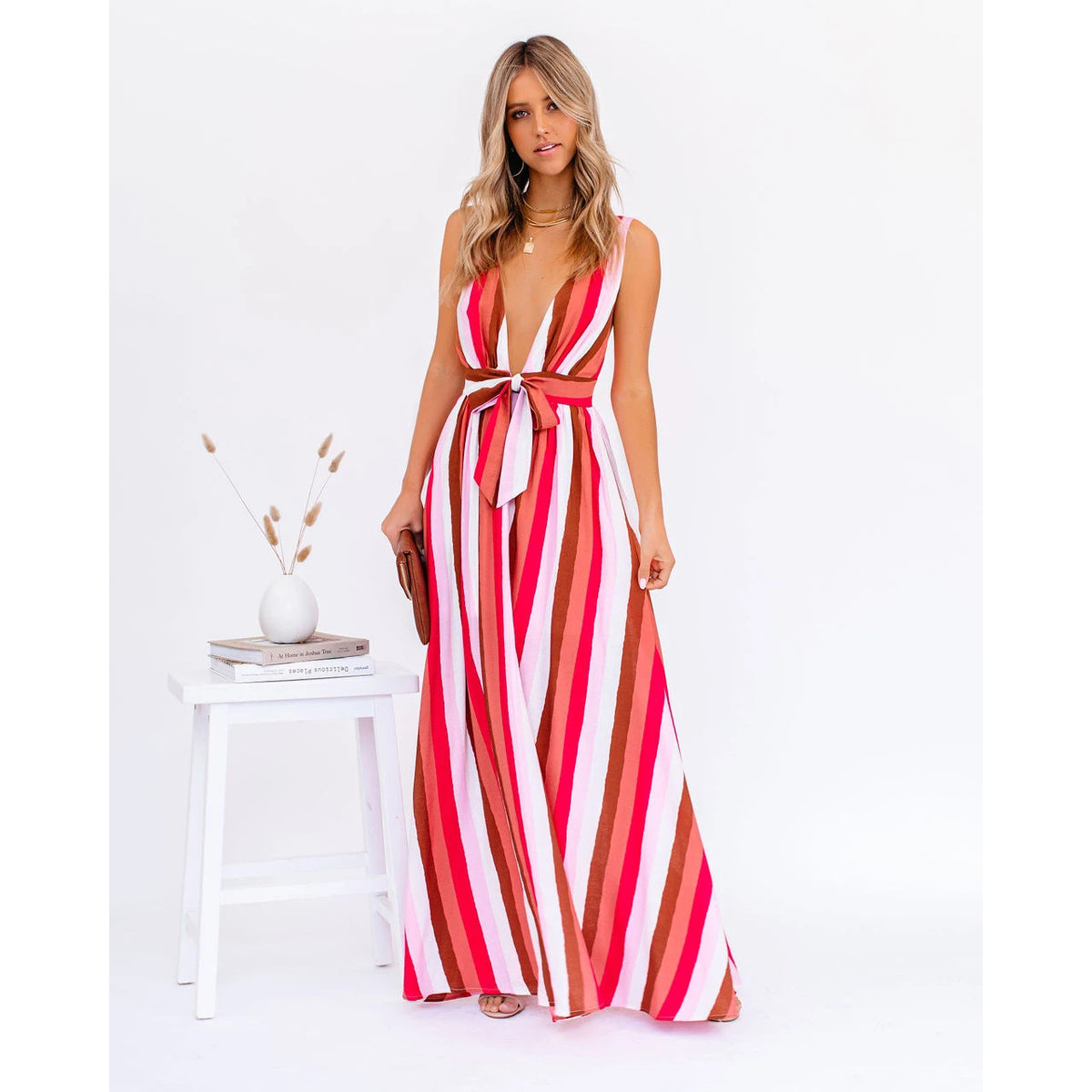 Women's Strap Deep V Plunge Striped Dress Home Loose Lace Up Large Swing Dre