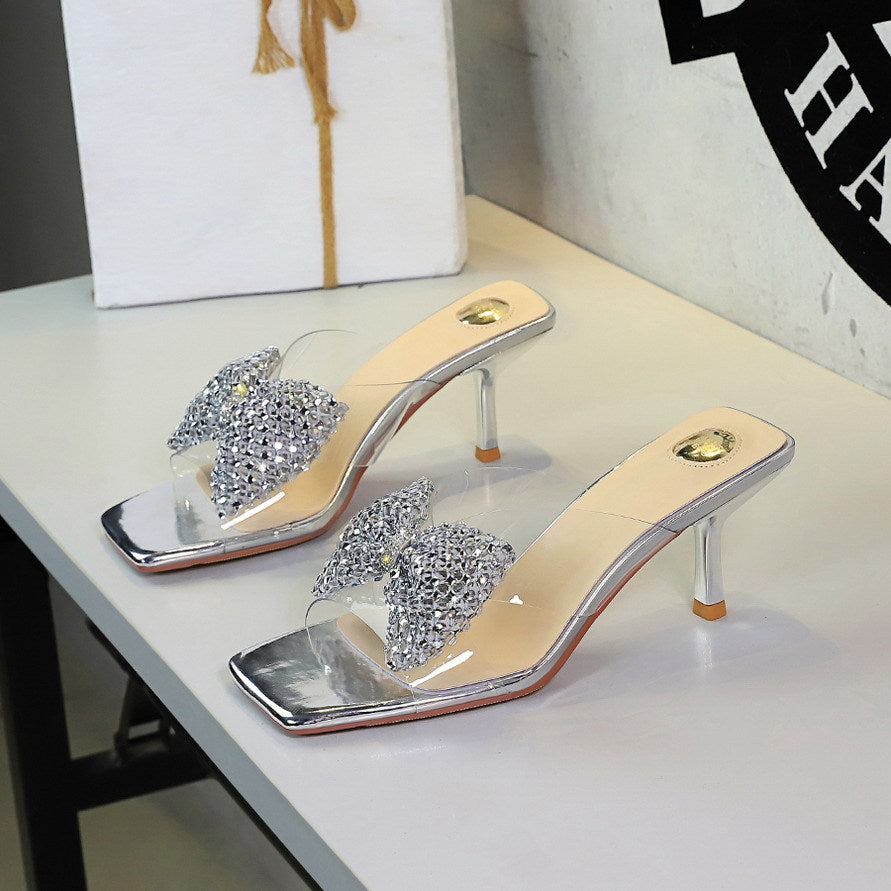 Women's Rhinestone Bow Stiletto Slides