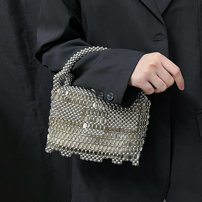 Women's Silver Beaded Woven Phone Bag