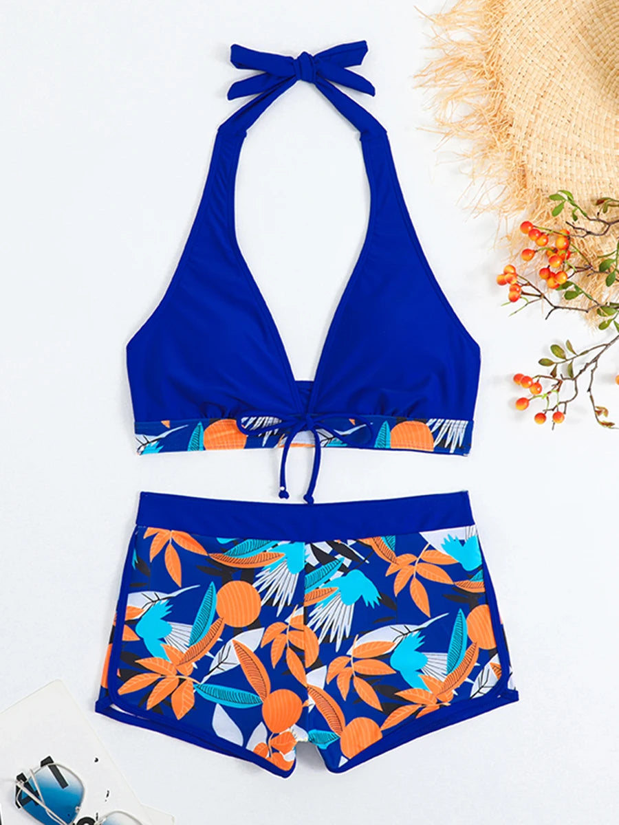 2026 Halter Bikini Set Short Swimsuit Women High Waist Swimwear Female Printed Bathers Swimming Bathing Swim Suit Beachwear