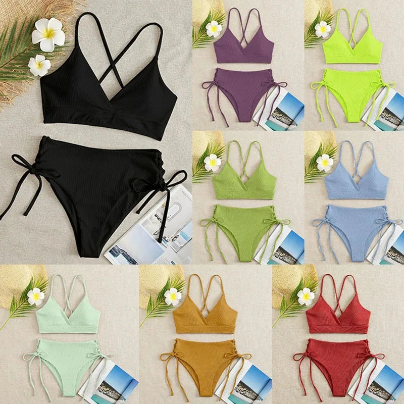 2026 New Triangle Bikini Set Women Solid Color Drawstring Push Up Swimsuit Female Deep V Neck Backless Lace Up Beach Swimwear