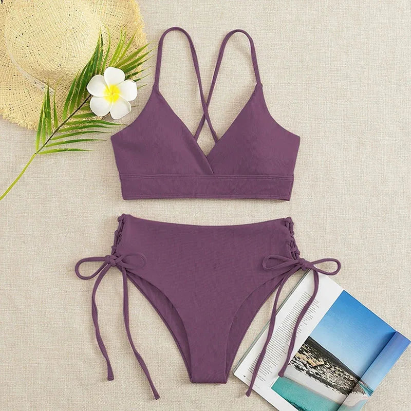 2026 New Triangle Bikini Set Women Solid Color Drawstring Push Up Swimsuit Female Deep V Neck Backless Lace Up Beach Swimwear