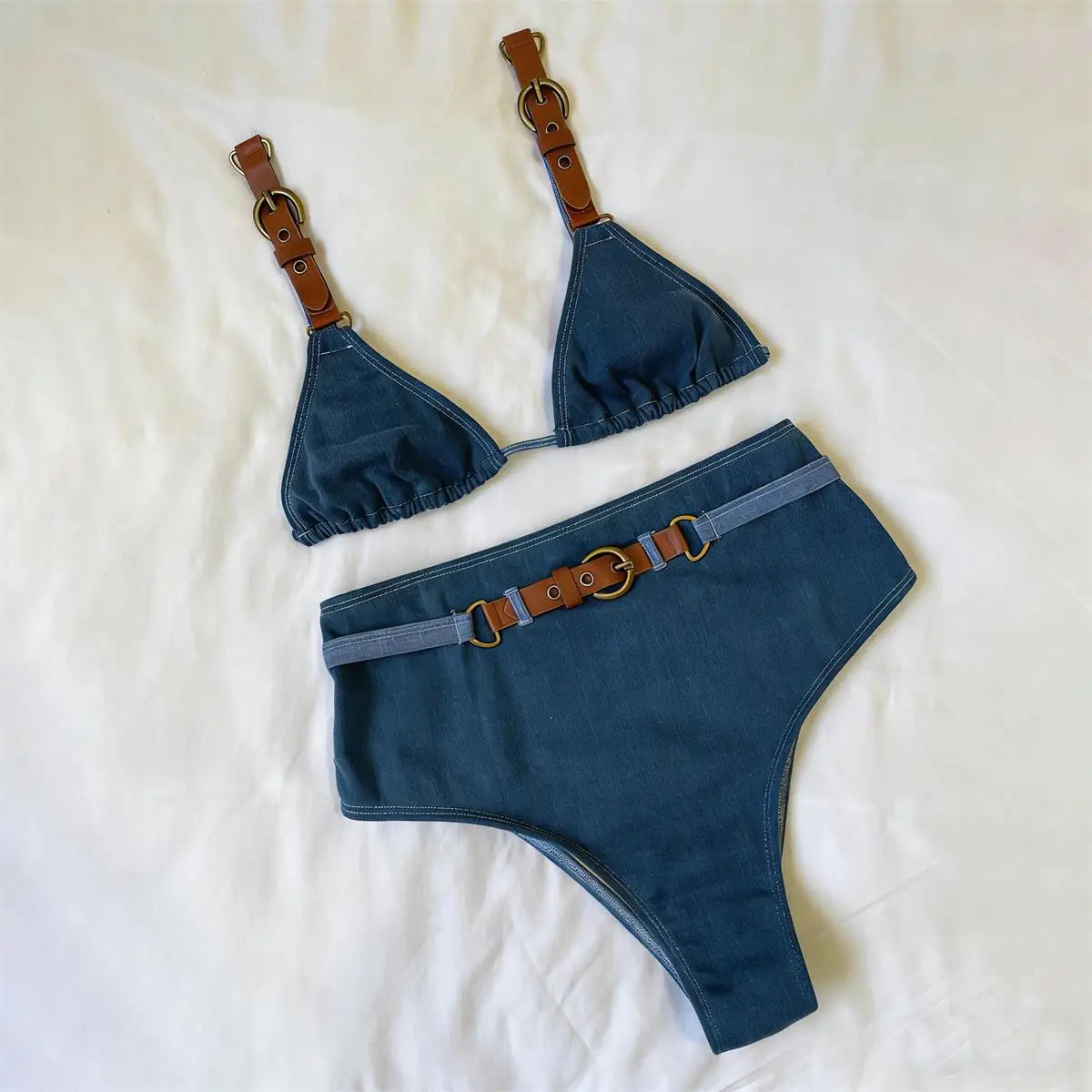 2026 Denim Print Bikini Women Sexy Swimsuit Leather Straps Swimwear Bandeau Biquini Female Micro Bikinis Bathing Suit Beachwear