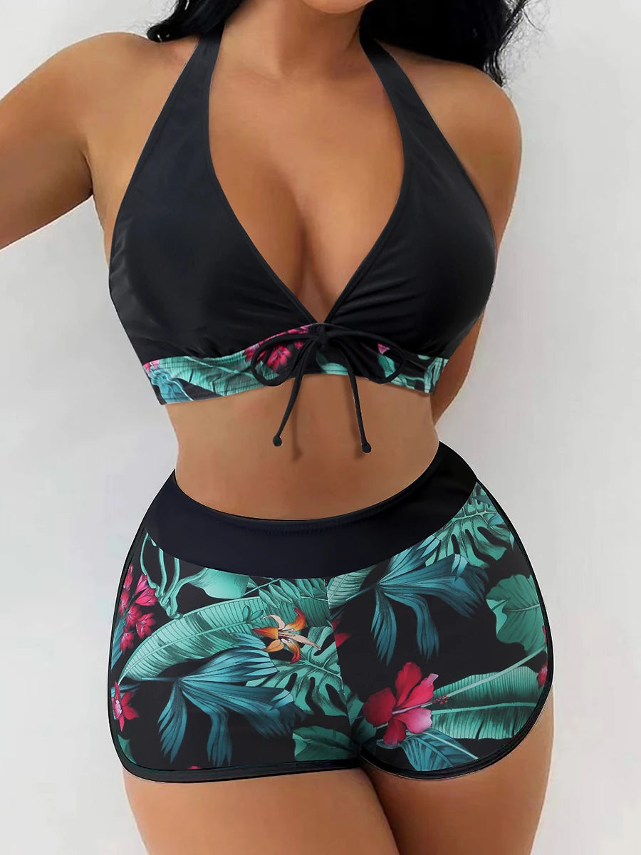 2026 Halter Bikini Set Short Swimsuit Women High Waist Swimwear Female Printed Bathers Swimming Bathing Swim Suit Beachwear