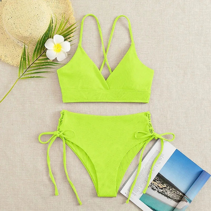 2026 New Triangle Bikini Set Women Solid Color Drawstring Push Up Swimsuit Female Deep V Neck Backless Lace Up Beach Swimwear