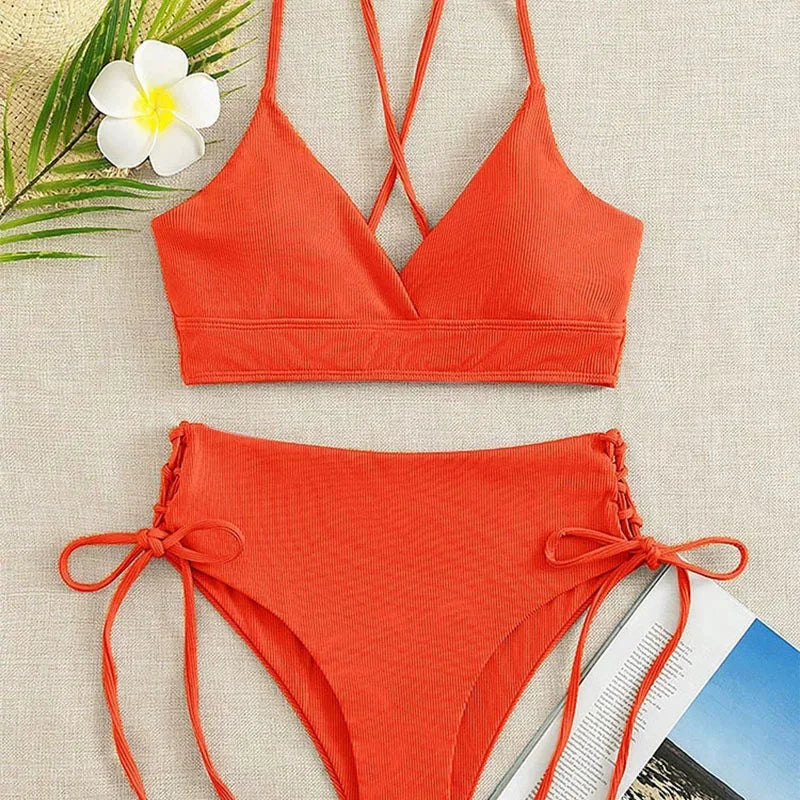 2026 New Triangle Bikini Set Women Solid Color Drawstring Push Up Swimsuit Female Deep V Neck Backless Lace Up Beach Swimwear