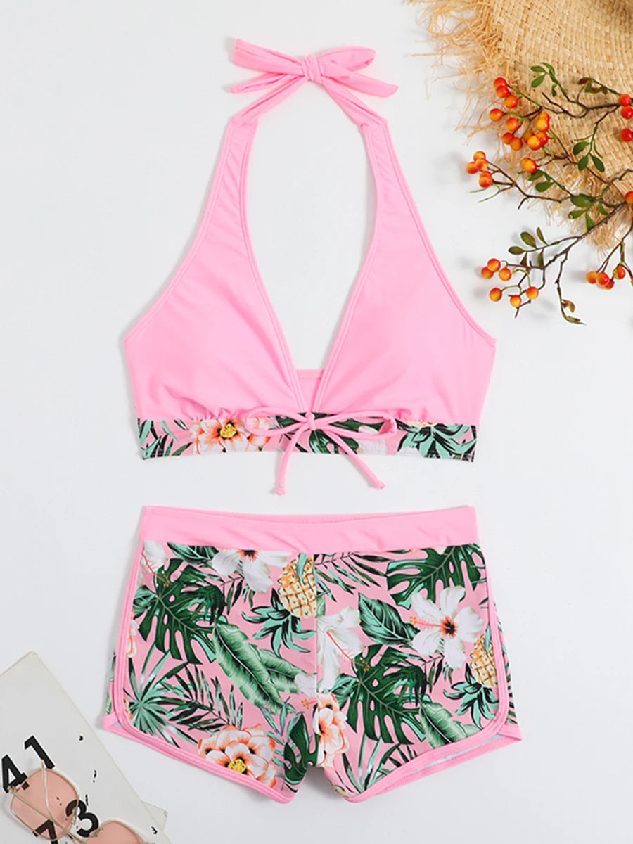 2026 Halter Bikini Set Short Swimsuit Women High Waist Swimwear Female Printed Bathers Swimming Bathing Swim Suit Beachwear