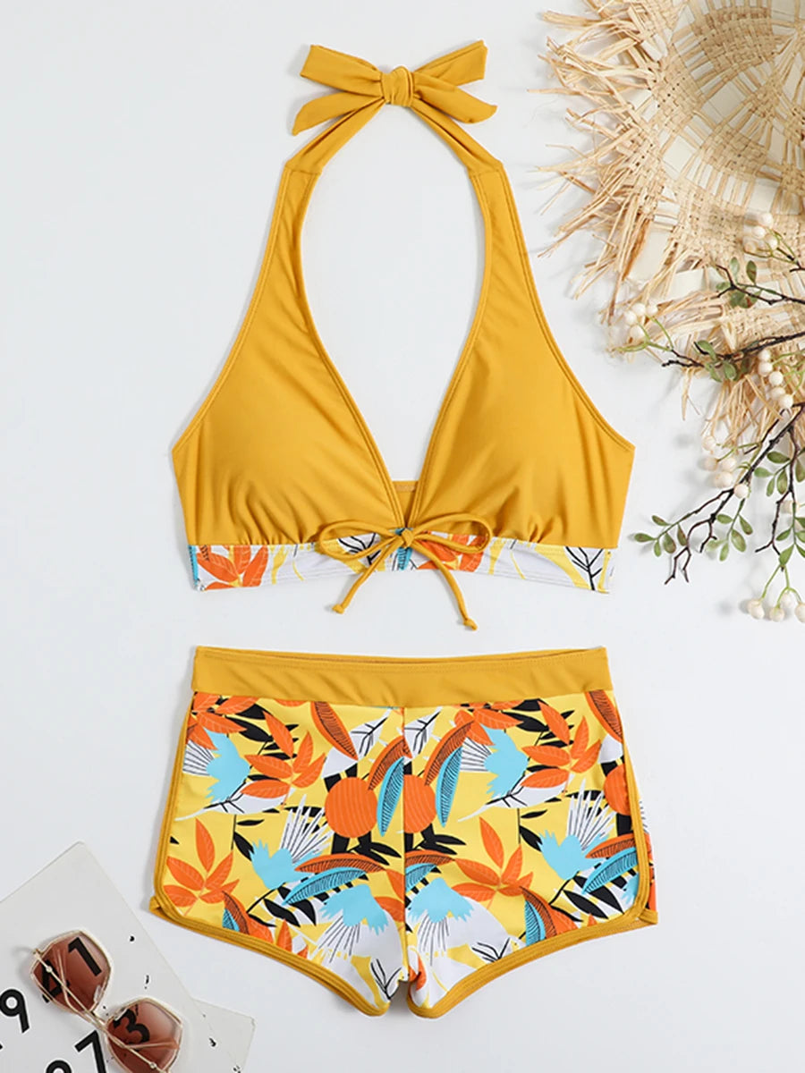 2026 Halter Bikini Set Short Swimsuit Women High Waist Swimwear Female Printed Bathers Swimming Bathing Swim Suit Beachwear