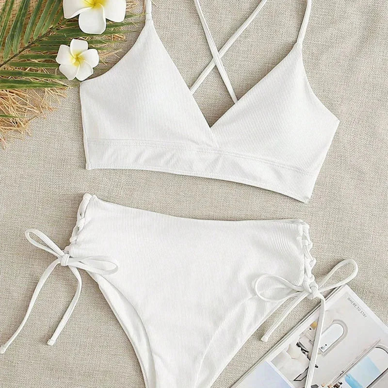 2026 New Triangle Bikini Set Women Solid Color Drawstring Push Up Swimsuit Female Deep V Neck Backless Lace Up Beach Swimwear