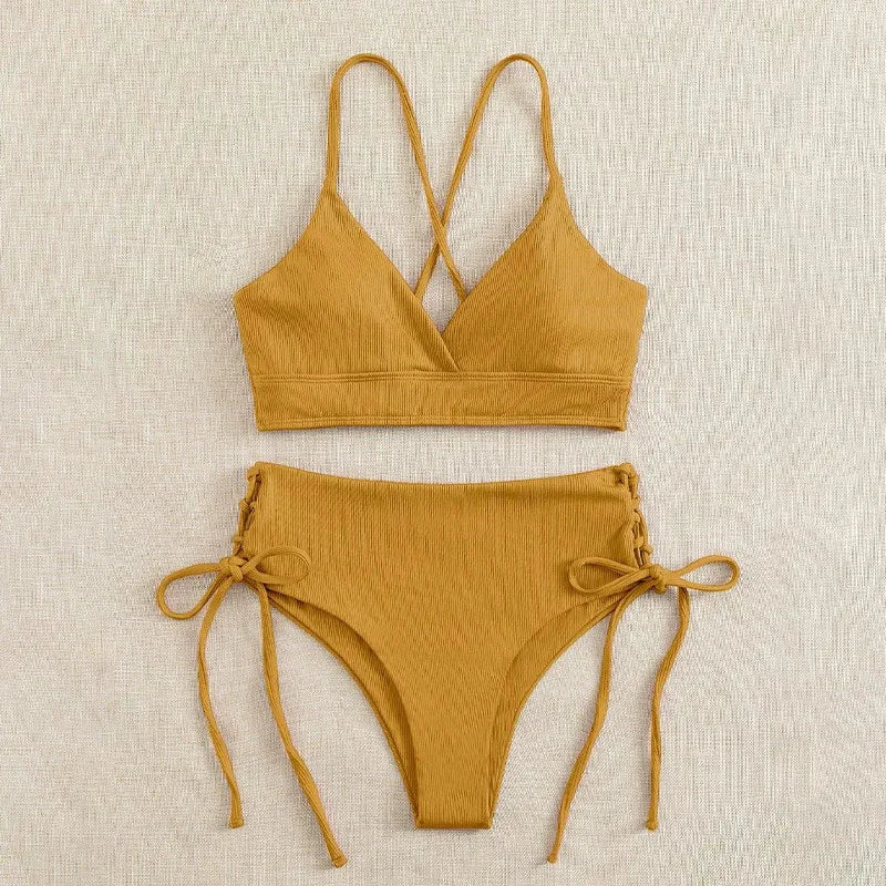 2026 New Triangle Bikini Set Women Solid Color Drawstring Push Up Swimsuit Female Deep V Neck Backless Lace Up Beach Swimwear