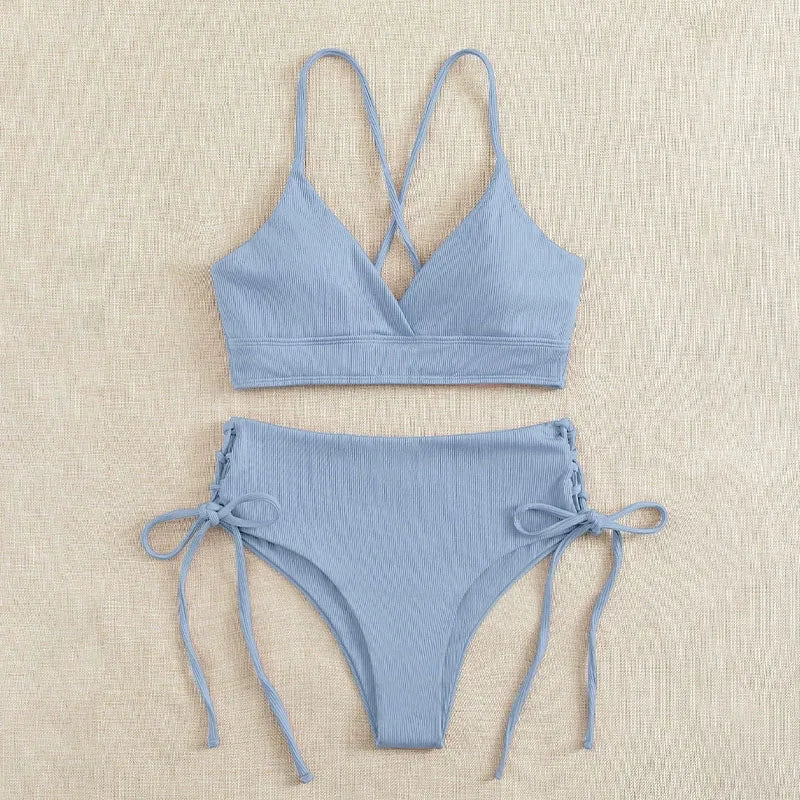 2026 New Triangle Bikini Set Women Solid Color Drawstring Push Up Swimsuit Female Deep V Neck Backless Lace Up Beach Swimwear