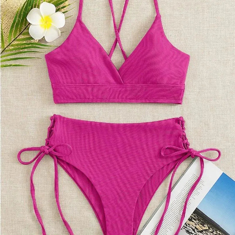 2026 New Triangle Bikini Set Women Solid Color Drawstring Push Up Swimsuit Female Deep V Neck Backless Lace Up Beach Swimwear