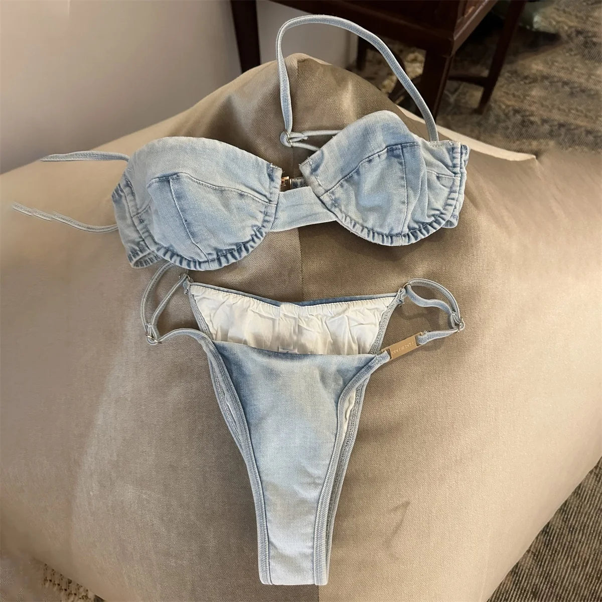 2026 Denim Print Bikini Women Sexy Swimsuit Leather Straps Swimwear Bandeau Biquini Female Micro Bikinis Bathing Suit Beachwear