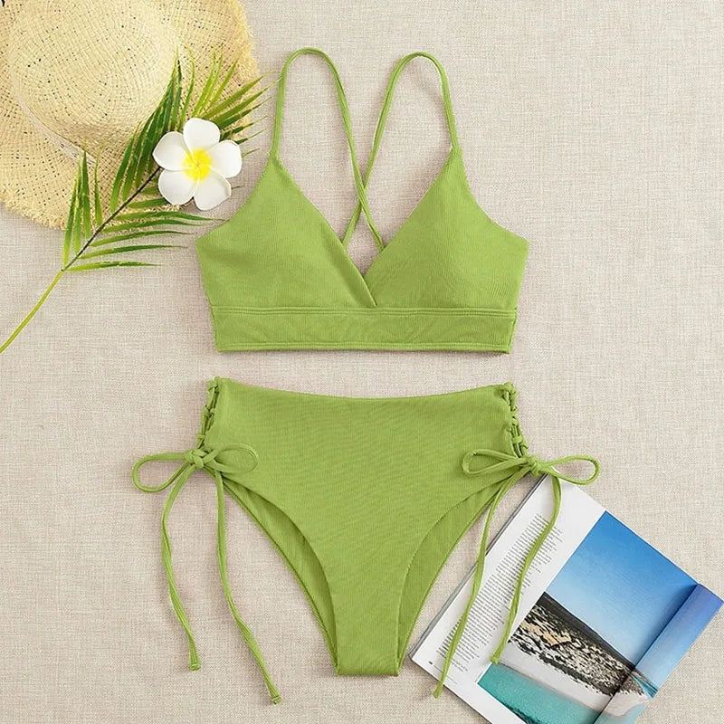 2026 New Triangle Bikini Set Women Solid Color Drawstring Push Up Swimsuit Female Deep V Neck Backless Lace Up Beach Swimwear