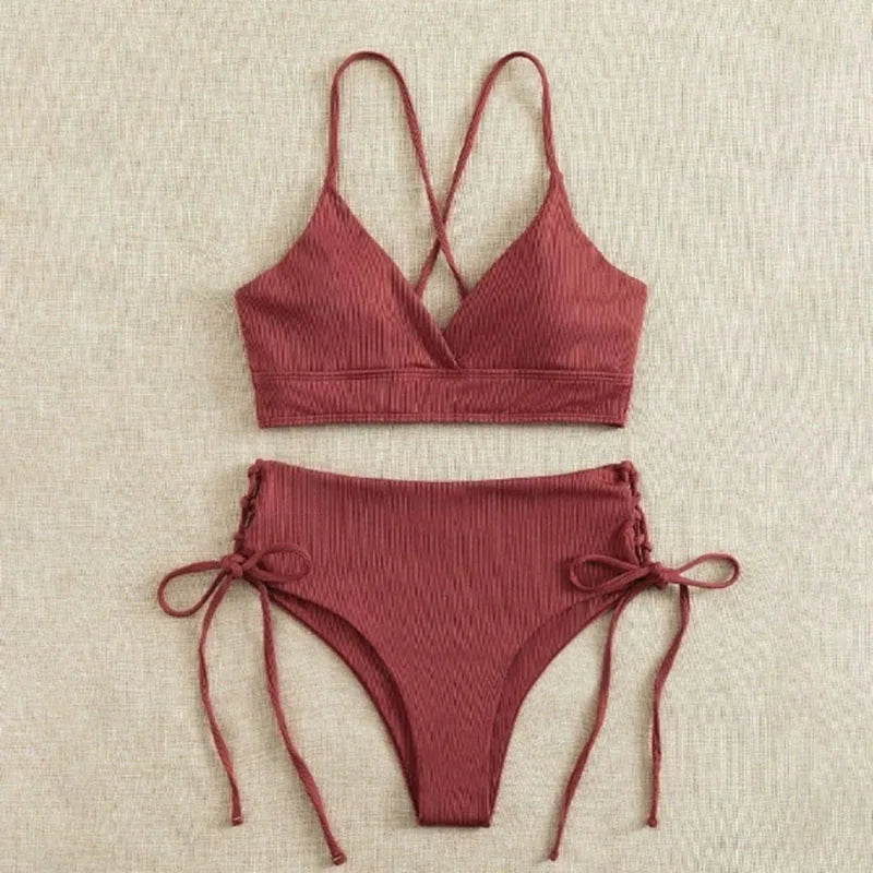 2026 New Triangle Bikini Set Women Solid Color Drawstring Push Up Swimsuit Female Deep V Neck Backless Lace Up Beach Swimwear