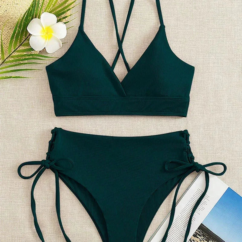 2026 New Triangle Bikini Set Women Solid Color Drawstring Push Up Swimsuit Female Deep V Neck Backless Lace Up Beach Swimwear