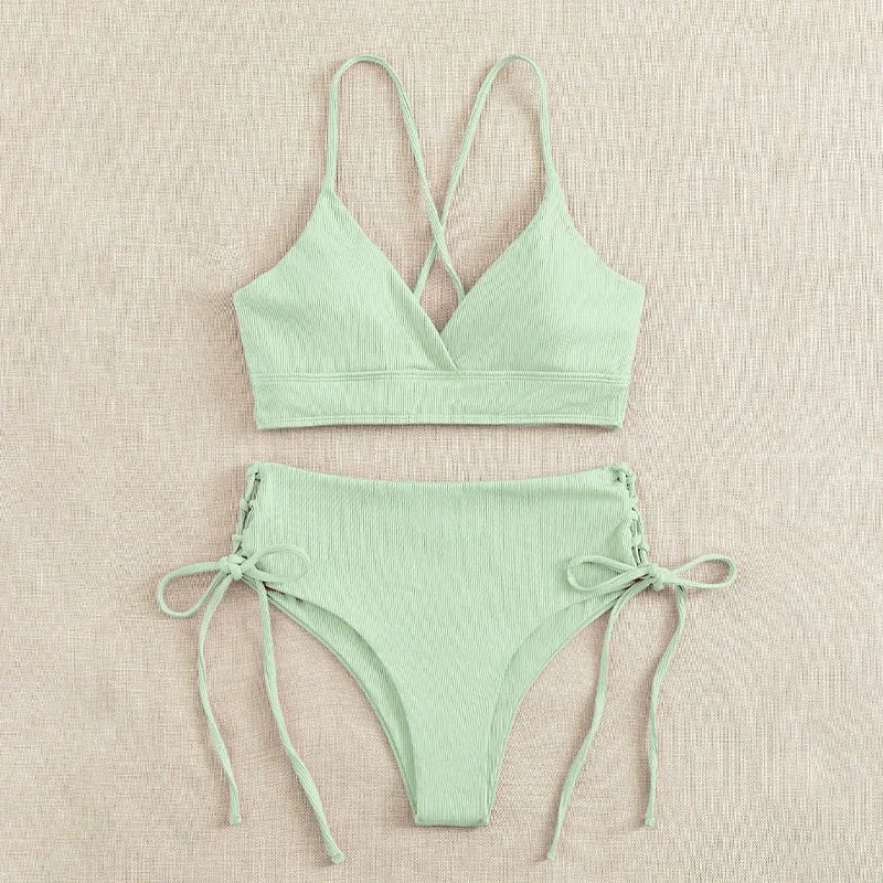 2026 New Triangle Bikini Set Women Solid Color Drawstring Push Up Swimsuit Female Deep V Neck Backless Lace Up Beach Swimwear