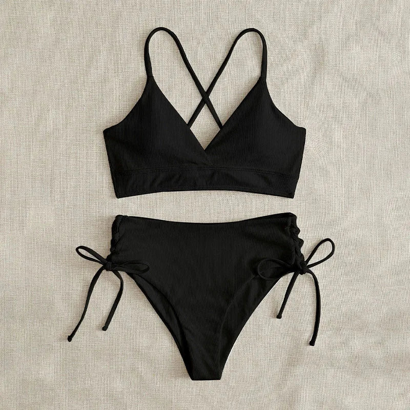 2026 New Triangle Bikini Set Women Solid Color Drawstring Push Up Swimsuit Female Deep V Neck Backless Lace Up Beach Swimwear