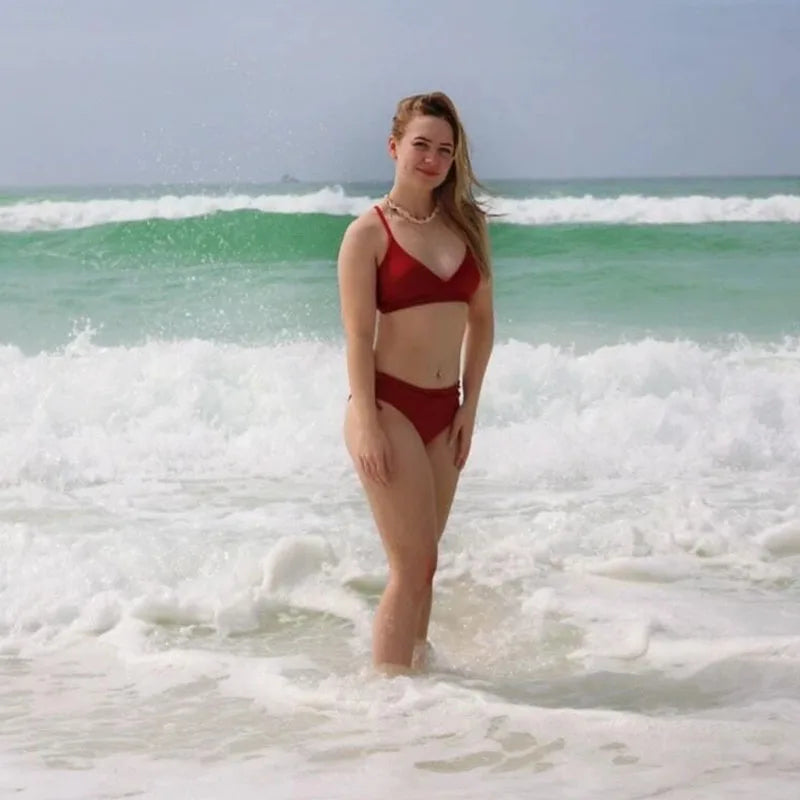 2026 New Triangle Bikini Set Women Solid Color Drawstring Push Up Swimsuit Female Deep V Neck Backless Lace Up Beach Swimwear