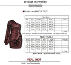 Dress size table for one-shoulder sequin mini, bust and length measurements