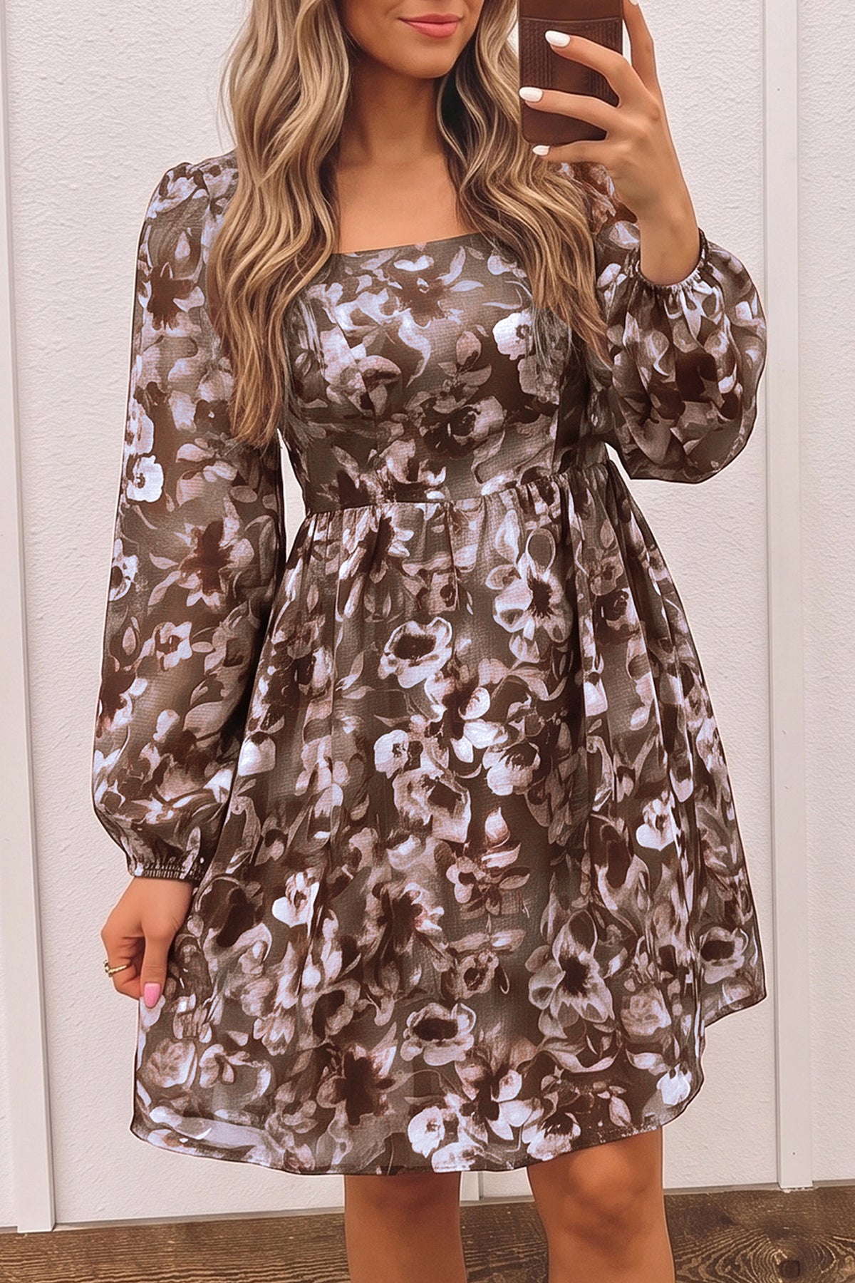 Women's Brown Abstract Floral Square-Neck Mini Dress