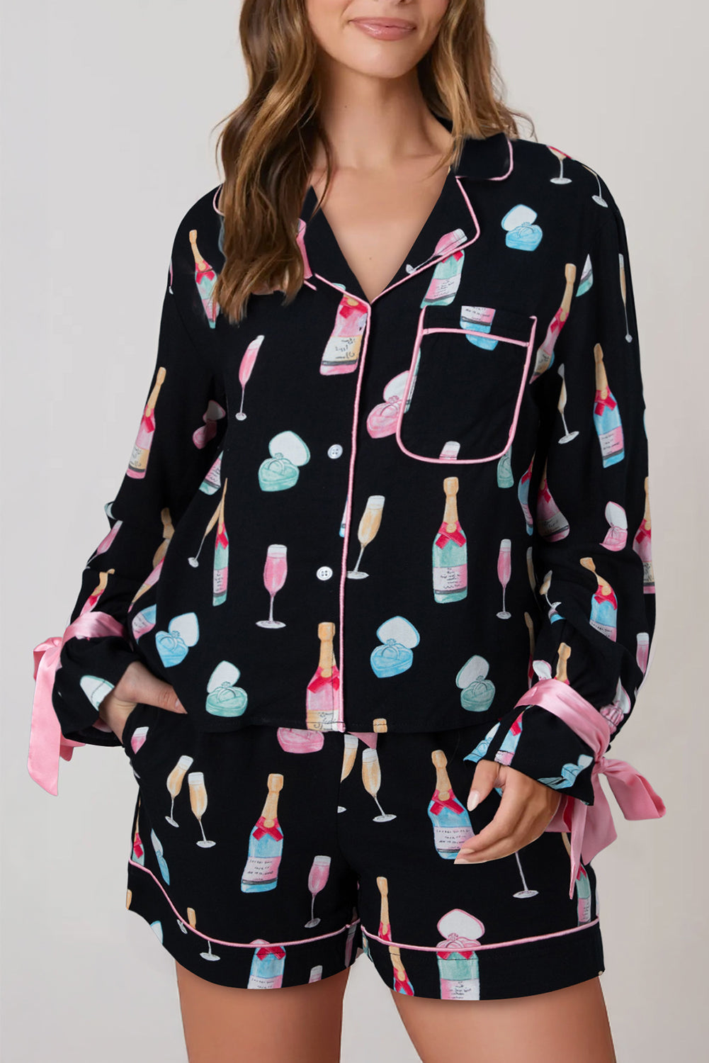 Black Christmas Wine-Glass Pajama Set